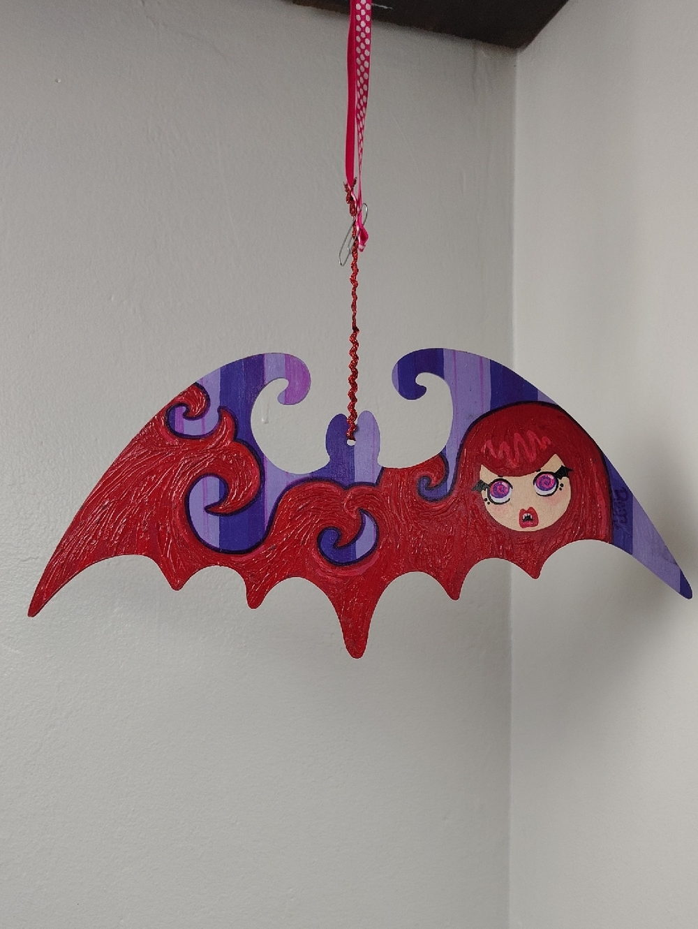 Hand-Painted Red & Purple Bat Wall Hanging With Cute Vampire Girl By Ren